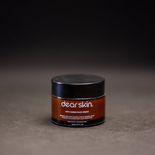 Dear Skin Anti-aging Face Cream in a sleek pump bottle, enriched with ginseng root and hyaluronic acid for firm, radiant skin.